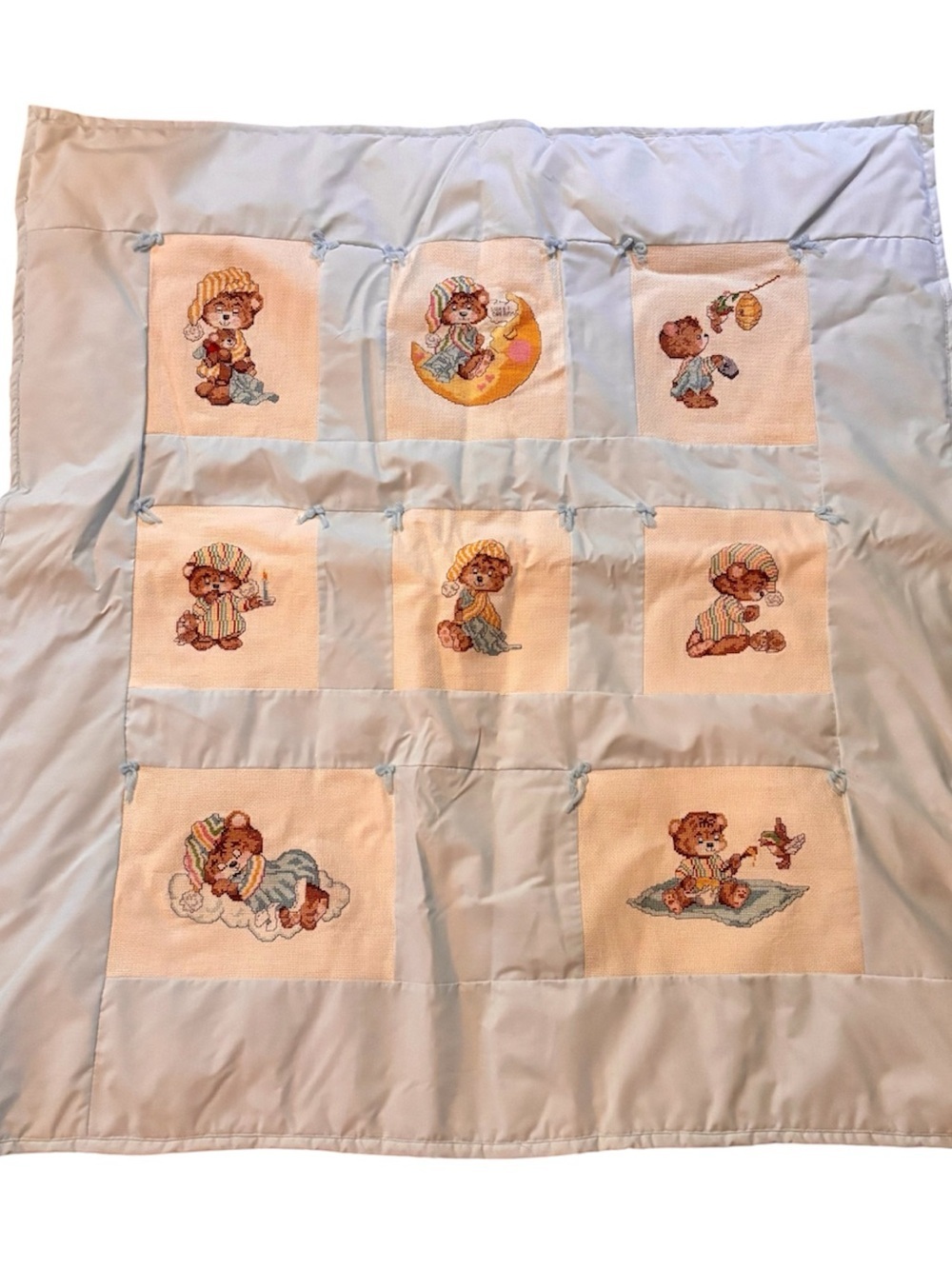 Vintage Baby Quilt Wall Hanging w/ 8 Cross Stitch Panels Bedtime Teddy Bears